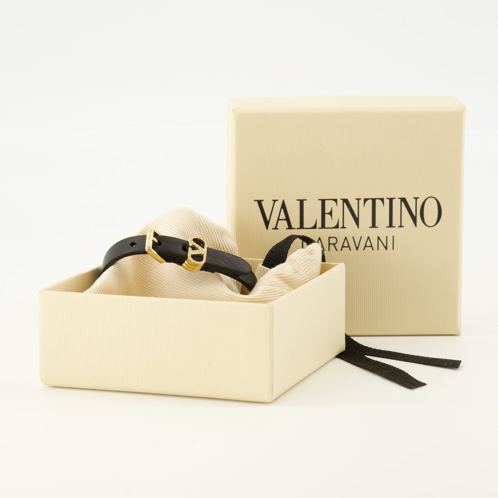 VLogo bracelet, Valentino Garavani, black leather accessory, rhinestone details, adjustable bracelet