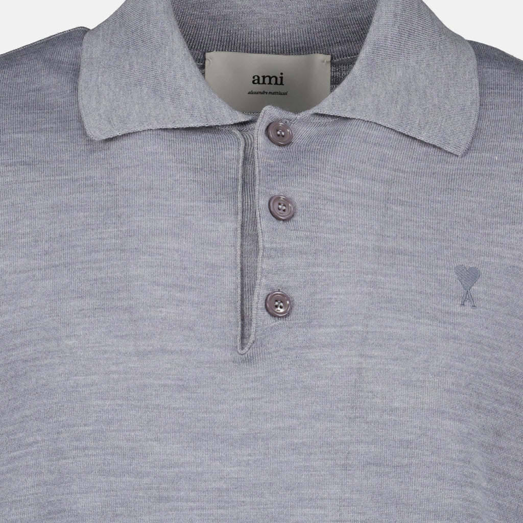 Ami Paris, polo shirt, grey wool silk polo, Ami de Coeur, Autumn-Winter collection