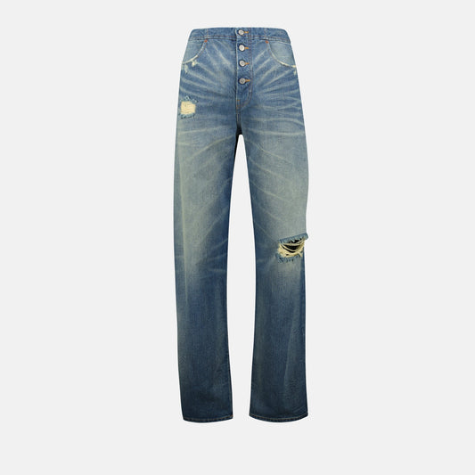 worn straight jeans, MM6 jeans, faded denim, distressed style, five-pocket design