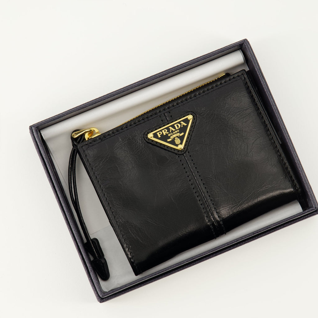 Prada wallet, black leather wallet, square wallet, women's accessories, Fall Winter 2025