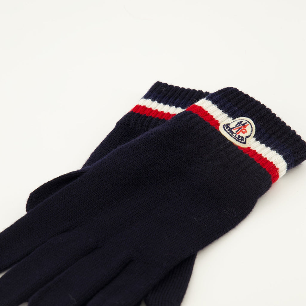 Moncler gloves, tricolore wool gloves, premium winter accessories, comfortable stylish gloves, navy blue gloves
