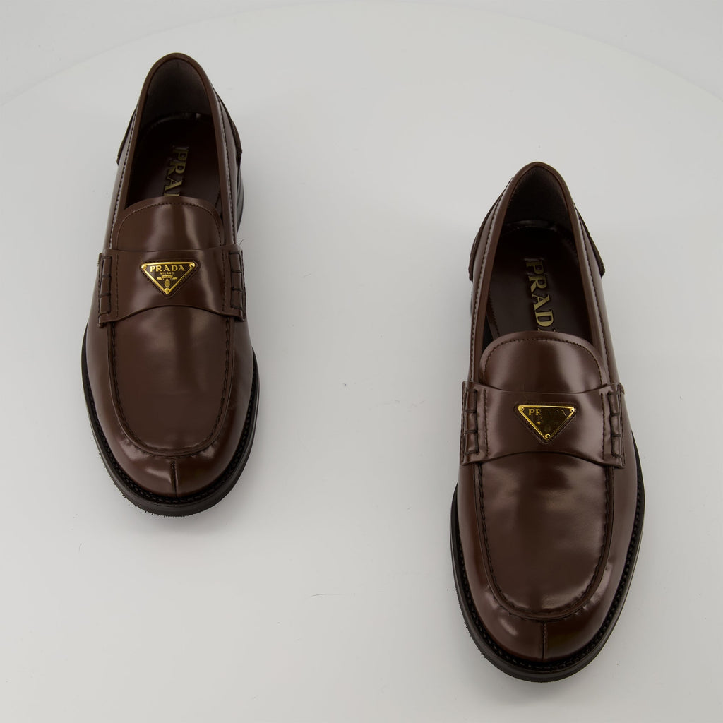 Prada loafers, brown leather shoes, men's footwear, luxury loafers, brushed leather shoes