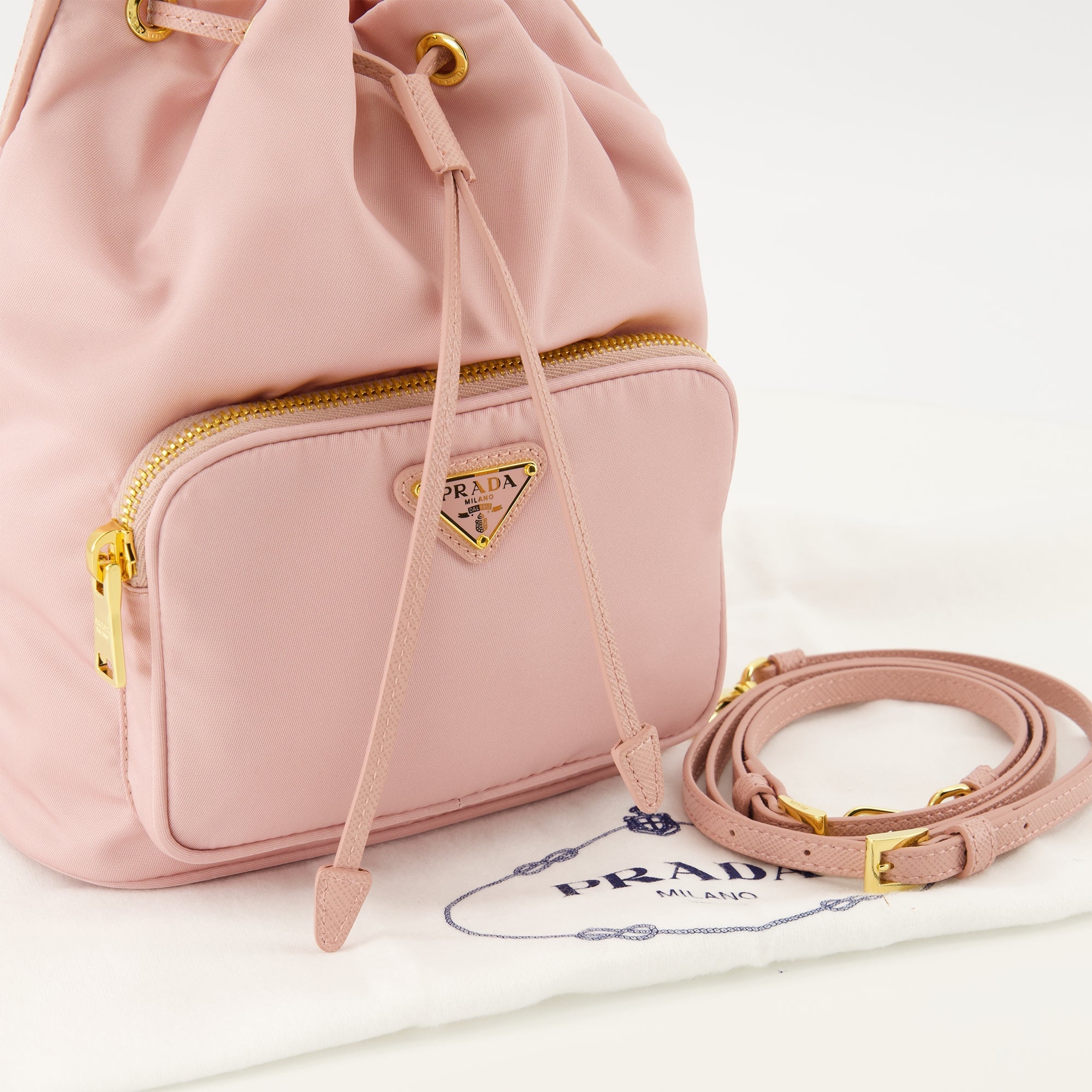 Image of Pink Re-Nylon Bucket Bag by Prada for Women - Season Spring-Summer 2026 - Detail View 1