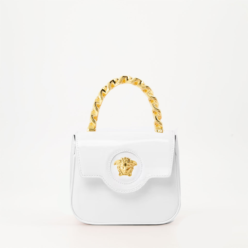 Versace mini bag, white patent leather bag, La Medusa bag, luxury accessories, designer handbag