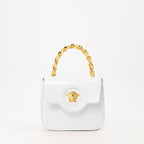 Versace mini bag, white patent leather bag, La Medusa bag, luxury accessories, designer handbag