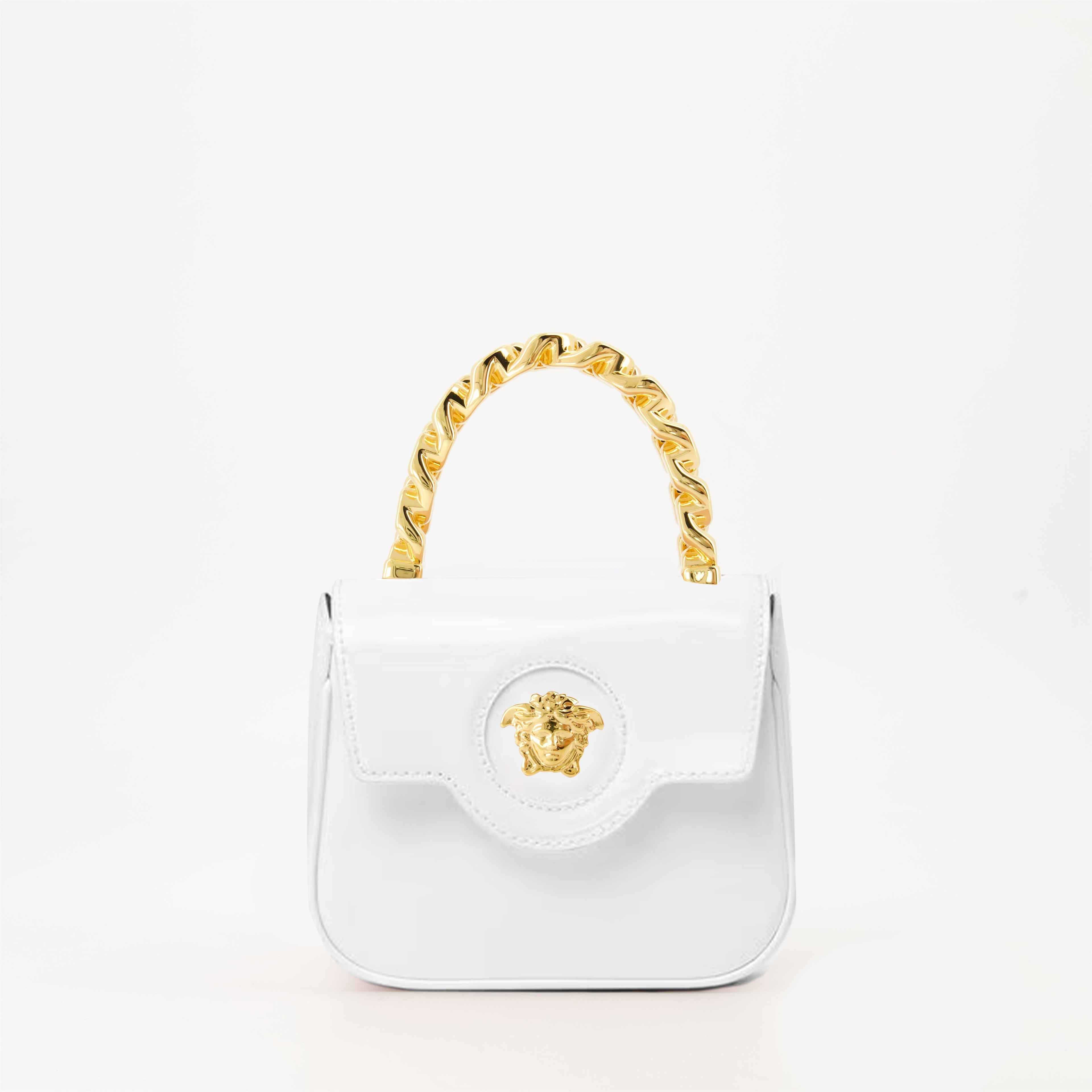 Versace mini bag, white patent leather bag, La Medusa bag, luxury accessories, designer handbag