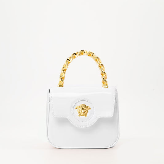 Versace mini bag, white patent leather bag, La Medusa bag, luxury accessories, designer handbag