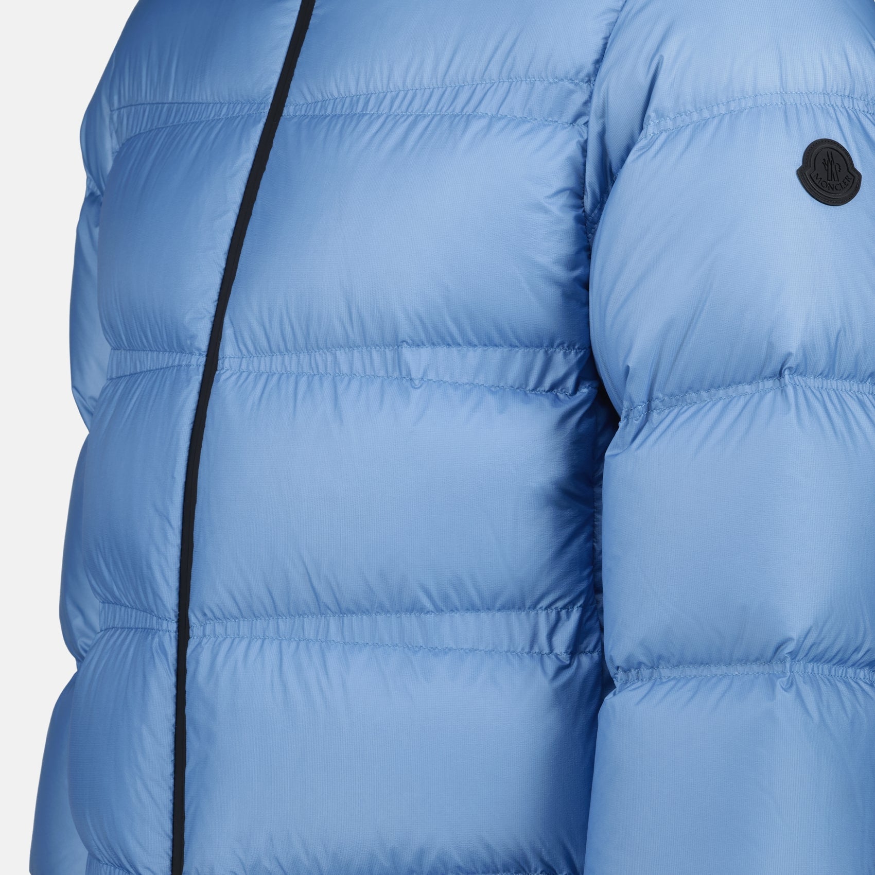 light blue puffer jacket, nylon jacket, removable hood, Moncler jacket, Autumn-Winter 2024