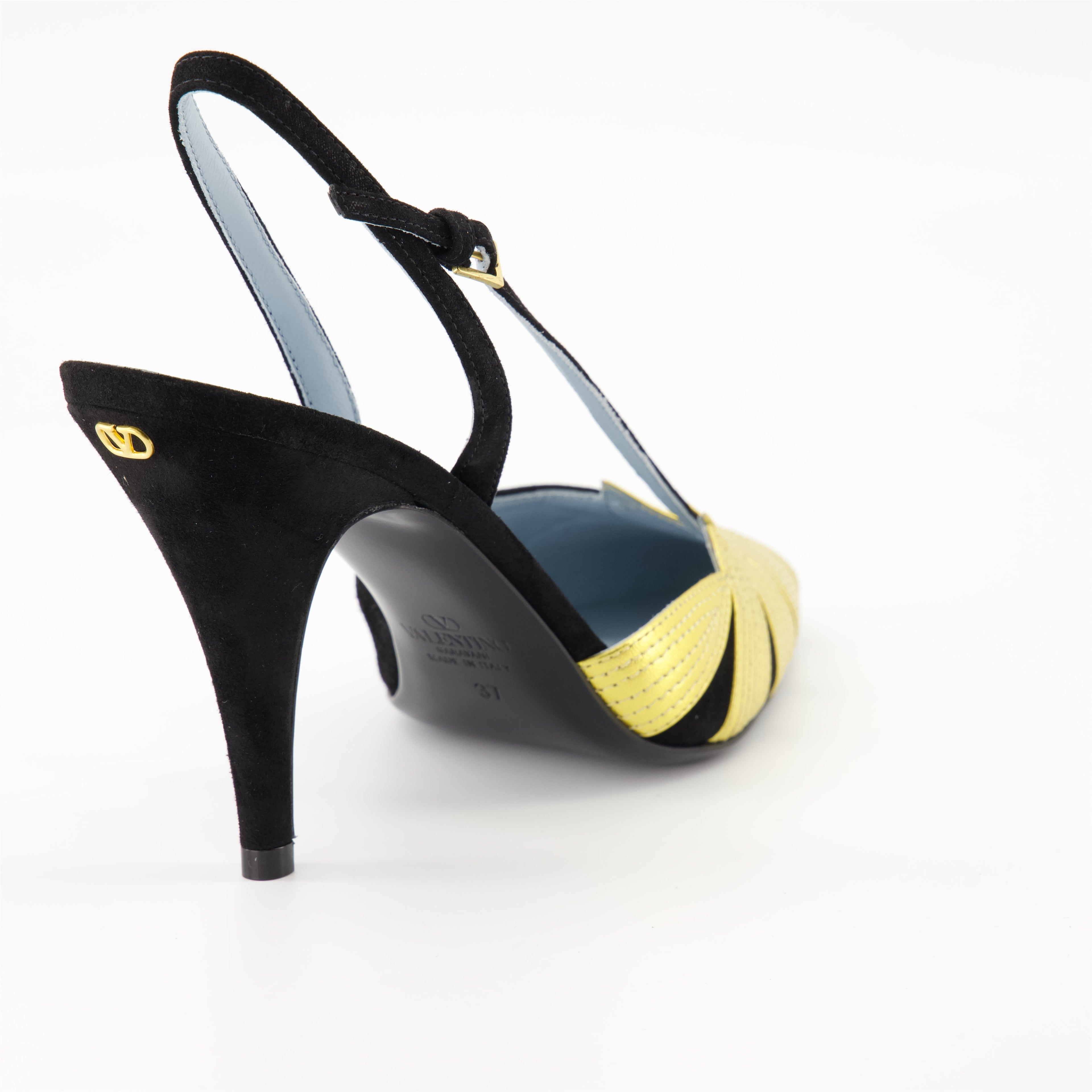 Valentino Garavani, Foliefoliage pumps, black and gold pumps, pointed toe pumps, adjustable ankle strap shoes