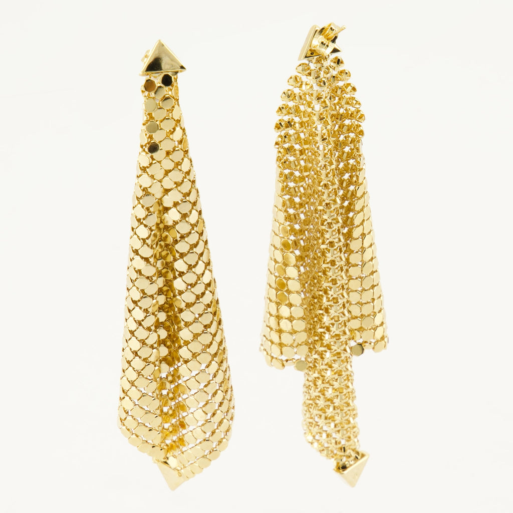 pixel earrings, golden earrings, metallic mesh, Rabanne earrings, contemporary accessories
