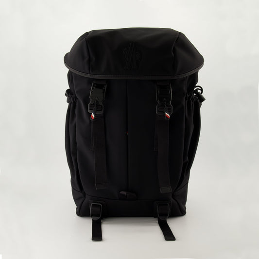 black nylon backpack, Grenoble collection, adjustable straps, Moncler accessory, stylish men's backpack