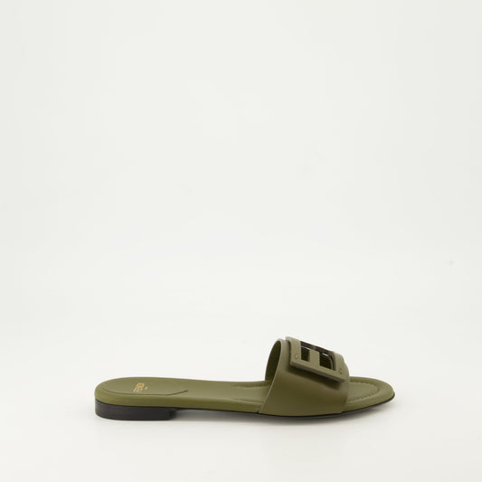 Baguette sandals, khaki leather sandals, metal FF strap, flat sandals, fall winter 2024