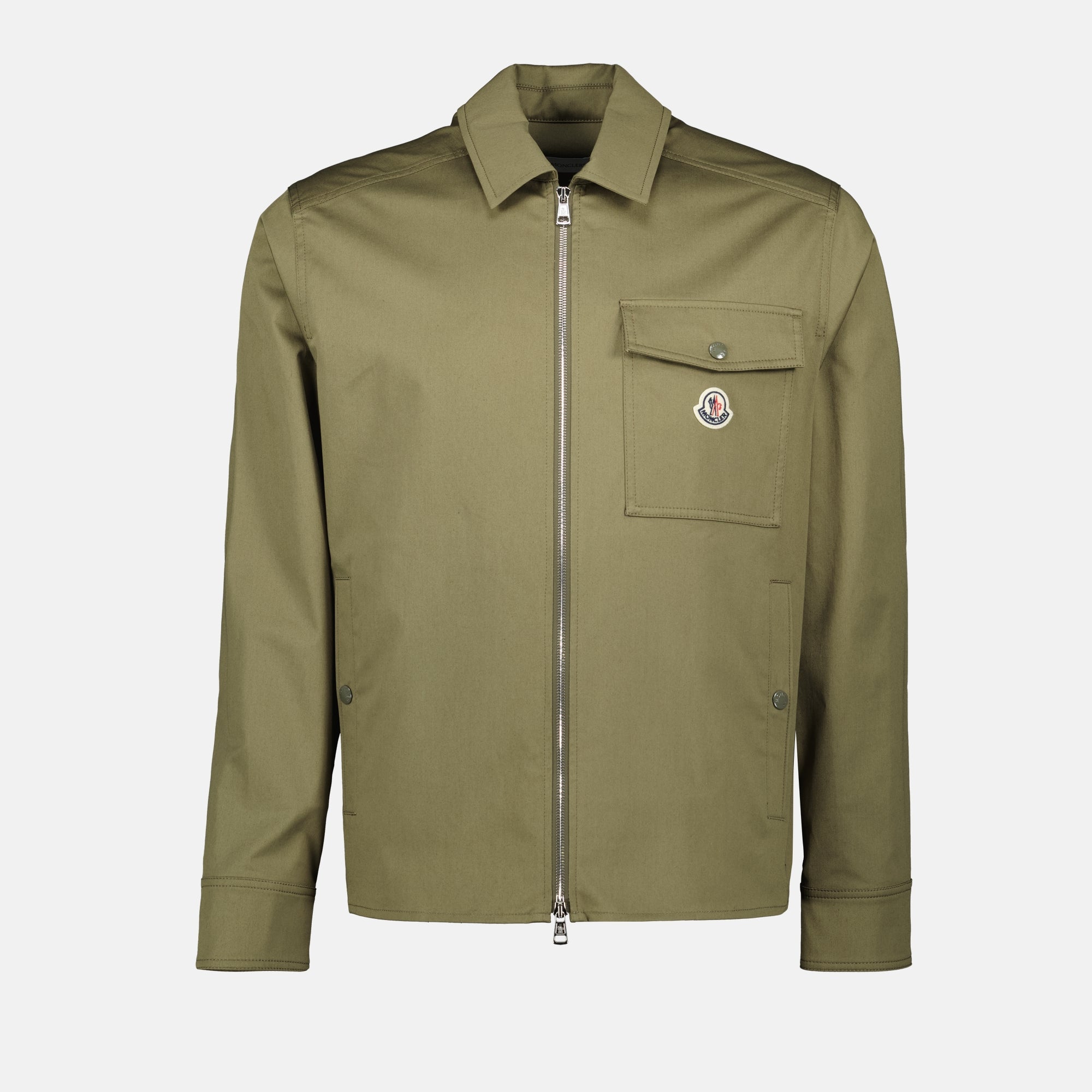 olive green overshirt, Moncler jacket, classic collar, double zipper, Spring-Summer 2025