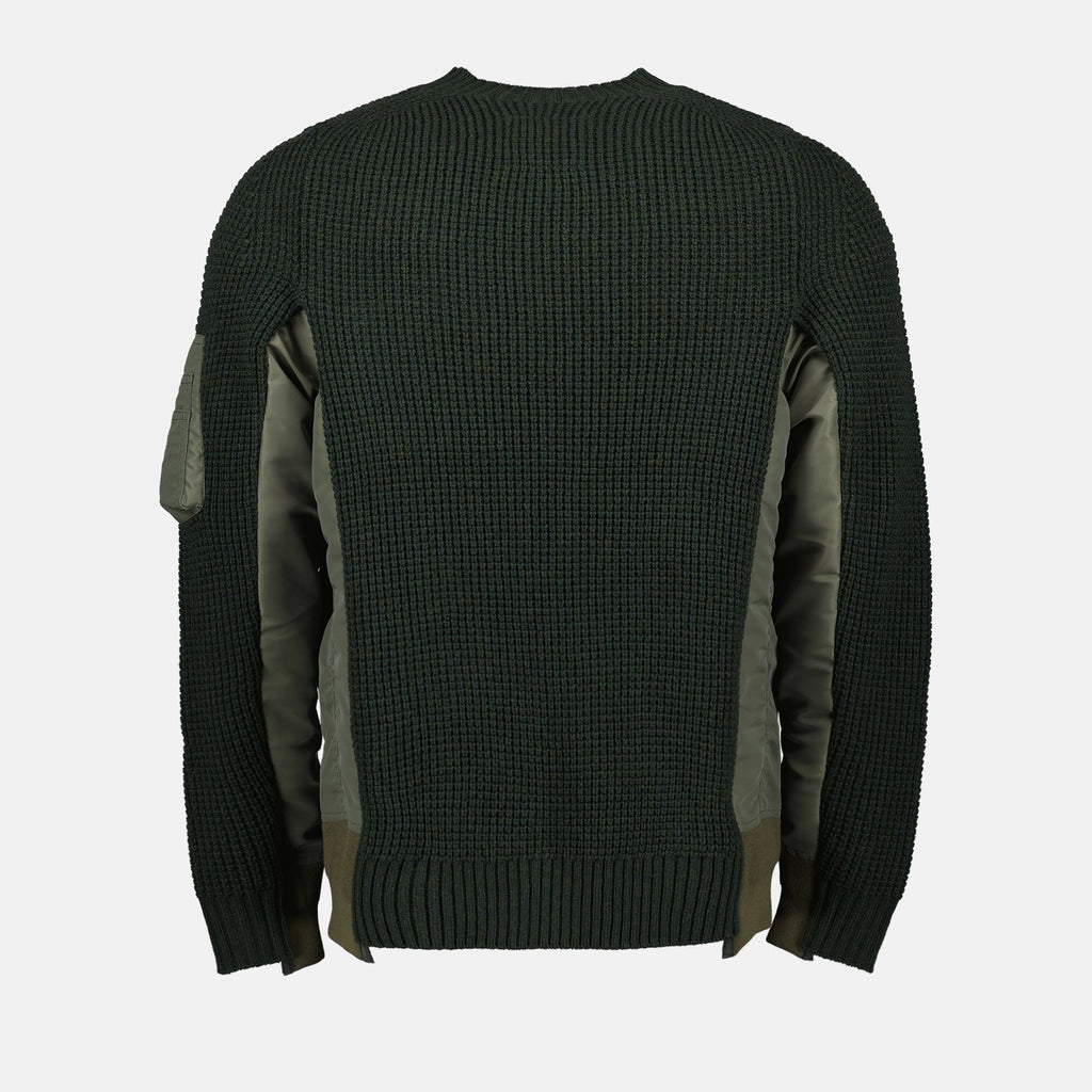 bi-material sweater, Sacai Autumn-Winter 2024, luxury fashion, elegant men's knitwear, green and blue sweater