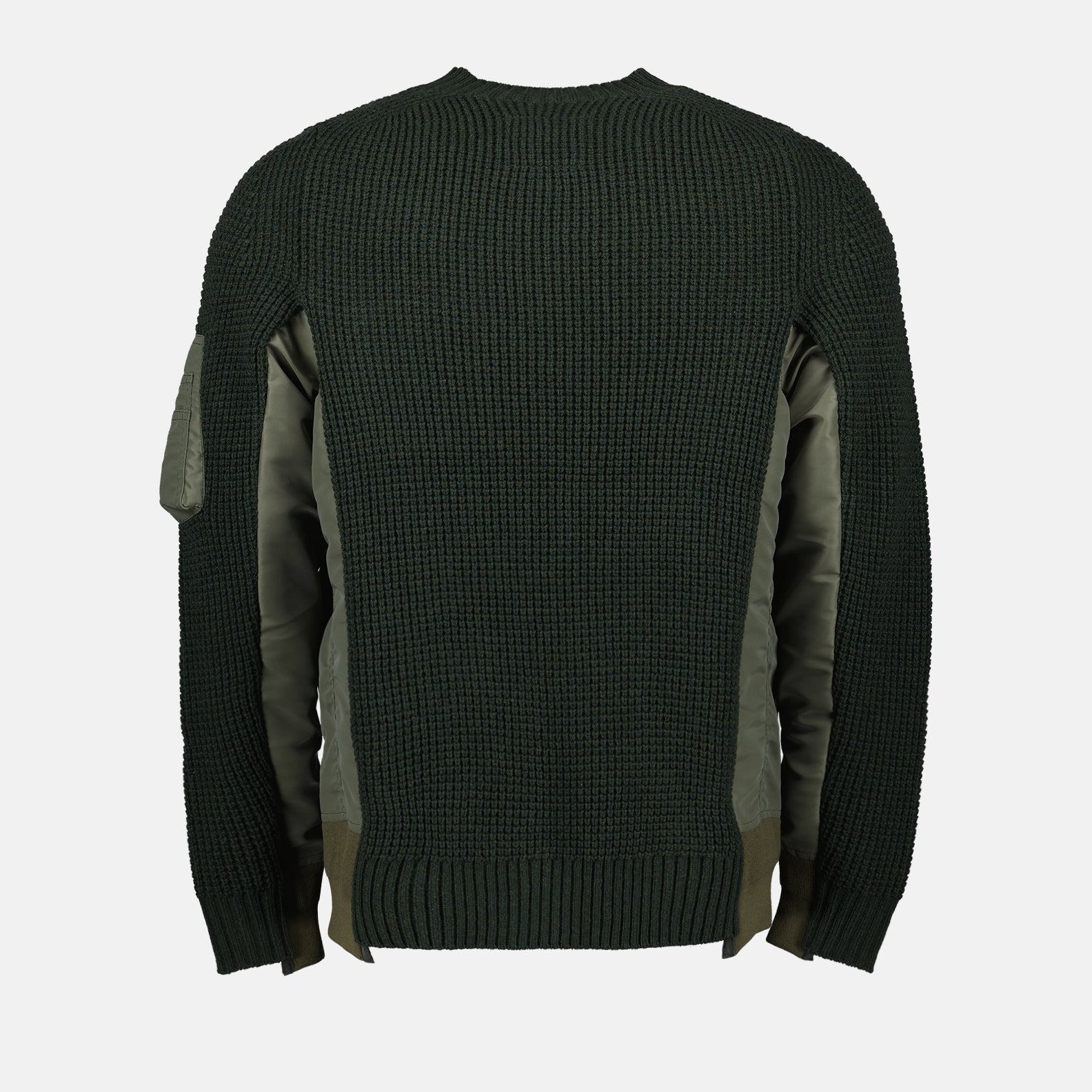 bi-material sweater, Sacai Autumn-Winter 2024, luxury fashion, elegant men's knitwear, green and blue sweater