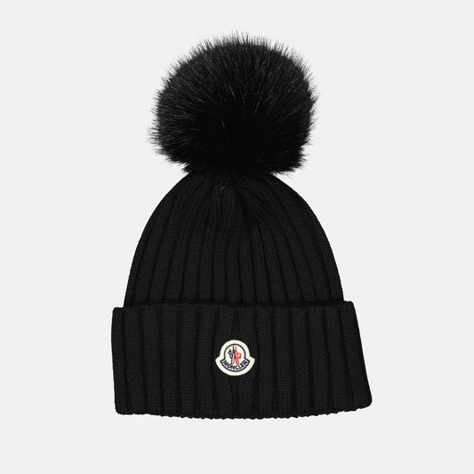 Moncler, beanie, pompom, black knit, luxury accessory