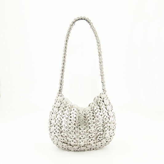 Iconic Moon Bag, Silver Bag, Rabanne Collection, Stylish Shoulder Bag, Fashion Forward Bag