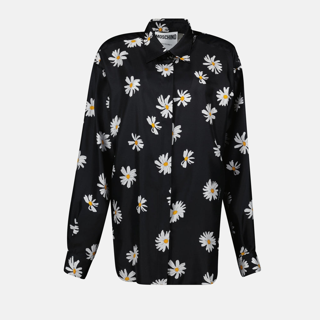 black silk shirt, Moschino floral shirt, women's luxury shirt, silk daisy print shirt, elegant summer attire