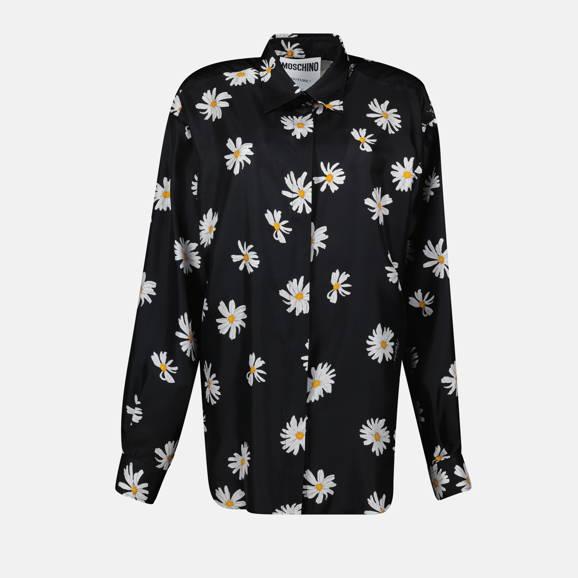 black silk shirt, Moschino floral shirt, women's luxury shirt, silk daisy print shirt, elegant summer attire