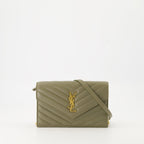 Kaki Chain Envelope Wallet, Saint Laurent wallet, grained lamb leather wallet, metal logo wallet, beige designer wallet