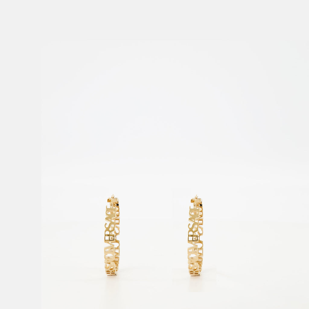 Gold hoop earrings, Versace jewelry, logo earrings, statement accessories, luxury earrings