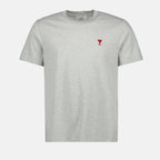 Image of Grey T-shirt with Red Heart Logo by Ami PARIS for Unisex - Season Spring-Summer 2025 - Front View