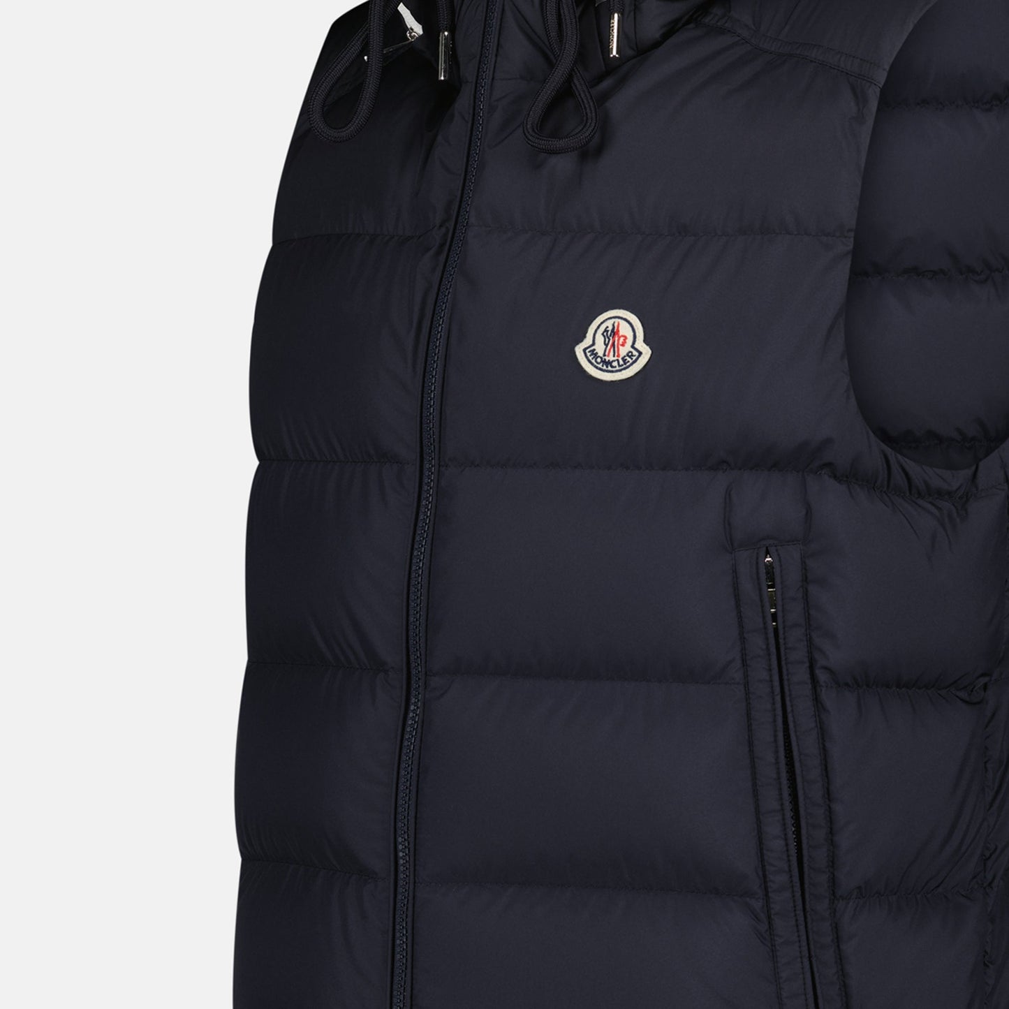 navy vest, sleeveless jacket, Moncler vest, modern design, high-quality polyester