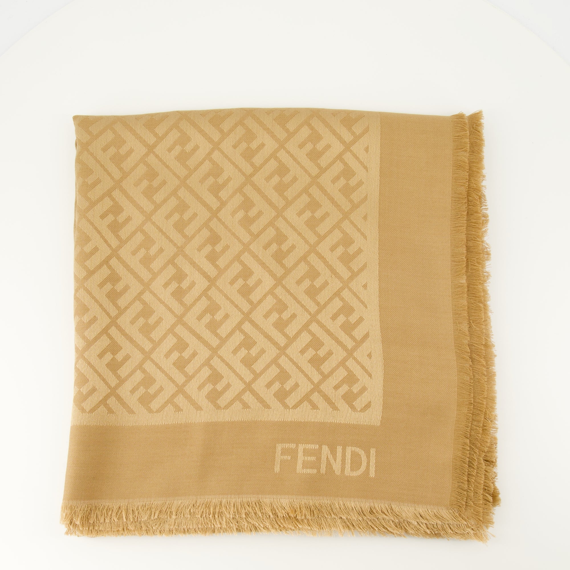 beige shawl, silk and wool scarf, Fendi accessories, Autumn-Winter collection, embroidered logo shawl