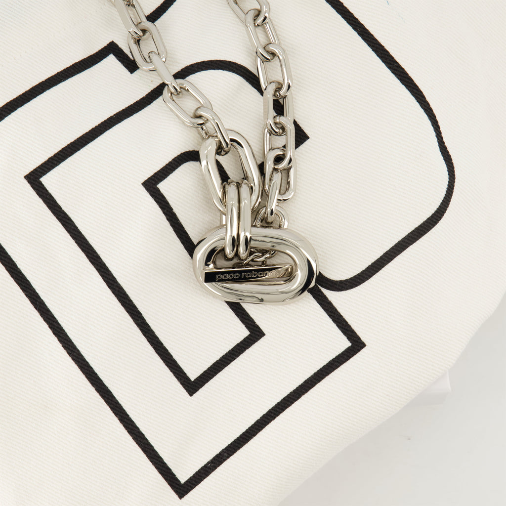 silver link necklace, Rabanne jewelry, modern design necklace, engraved logo necklace, elegant accessories