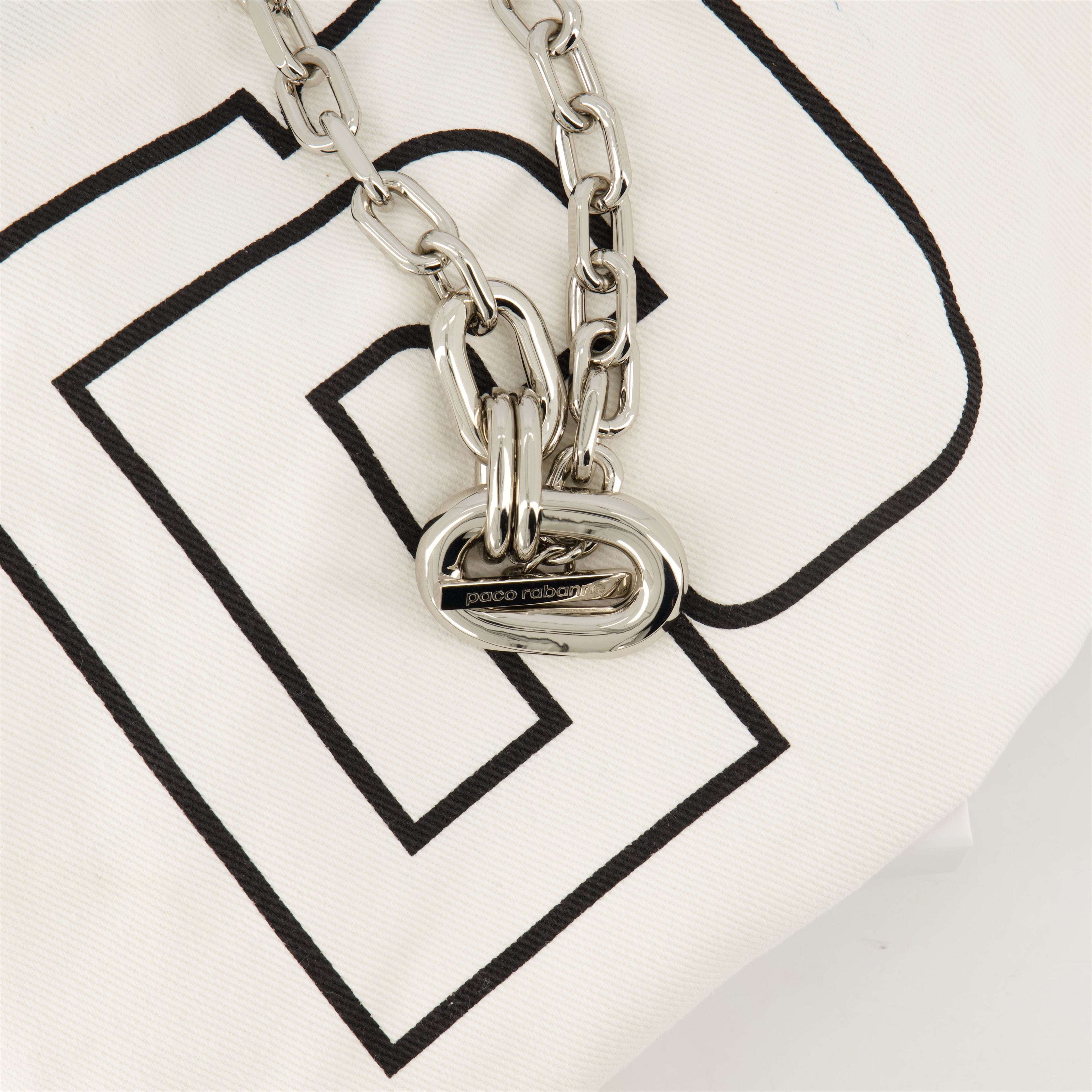 silver link necklace, Rabanne jewelry, modern design necklace, engraved logo necklace, elegant accessories