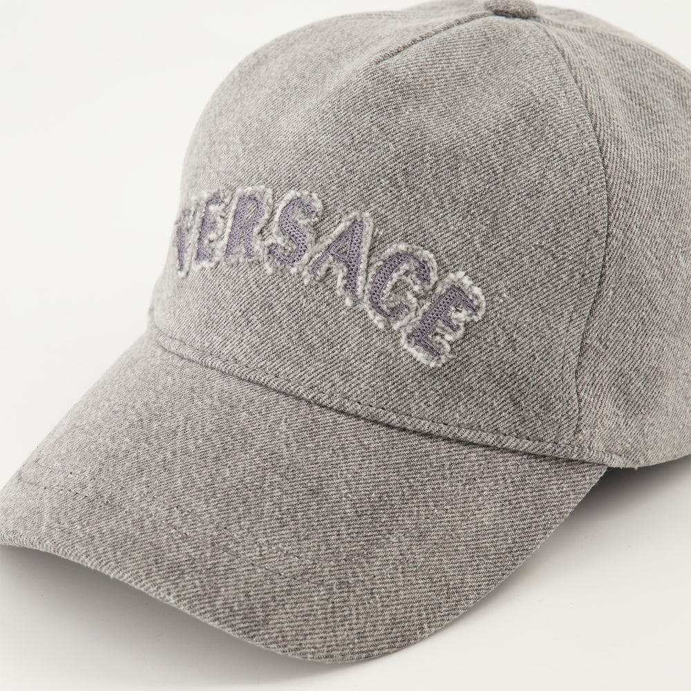 Gray denim headwear, Versace headwear, luxury accessories, Fall-Winter 2024, versatile fashion