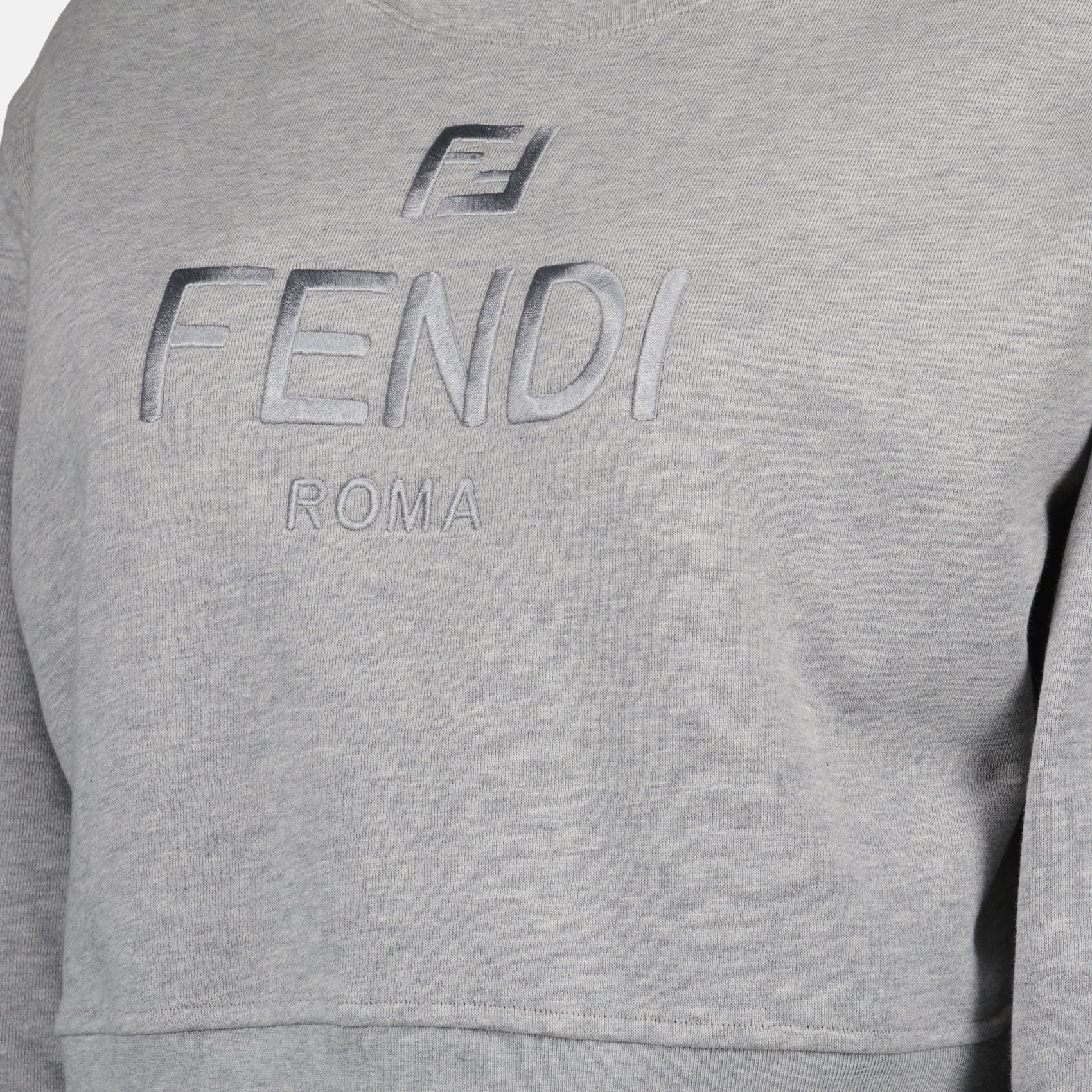 gray sweatshirt, cotton top, Fendi collection, round neckline, fall fashion