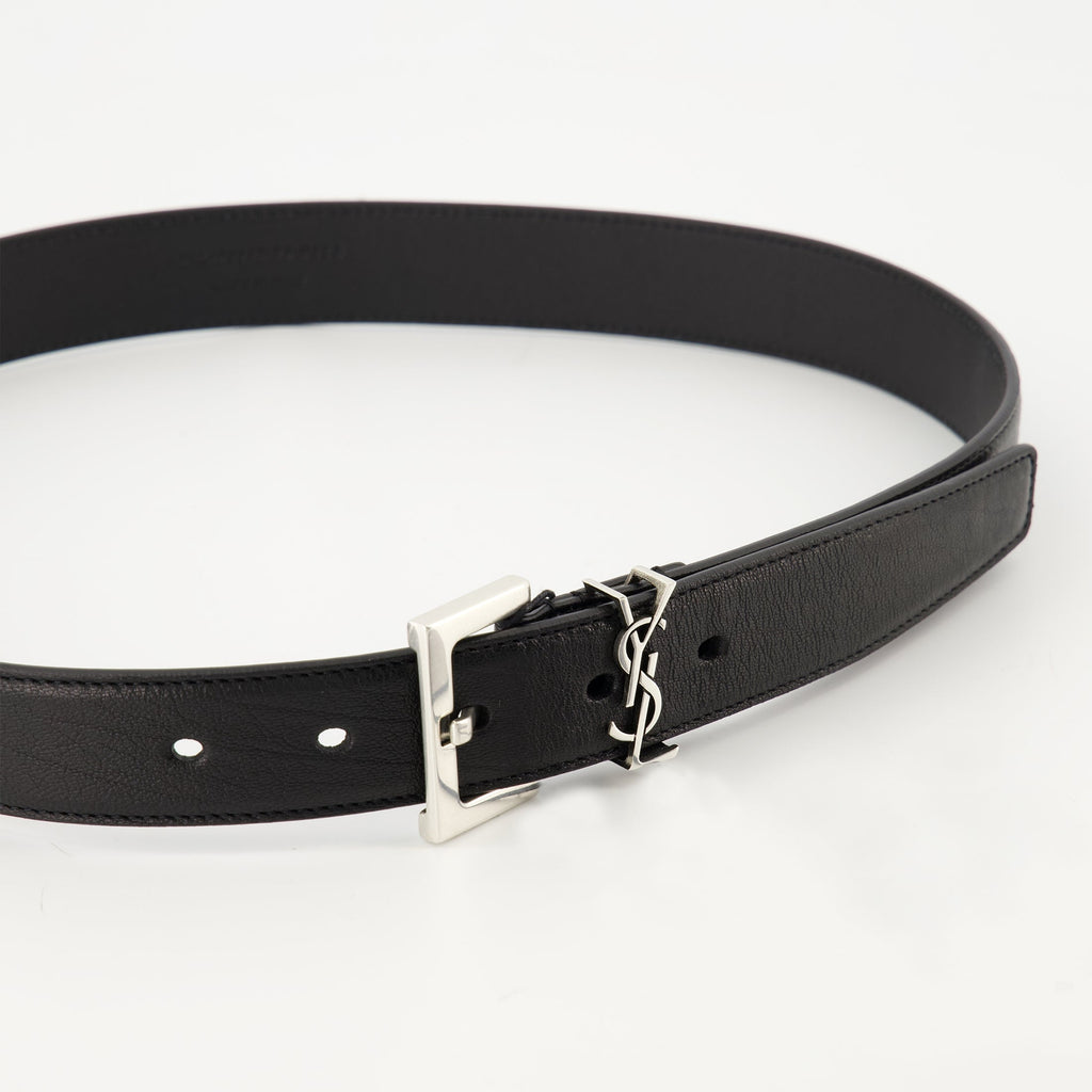 Saint Laurent belt, black leather belt, luxury accessories, metallic logo belt, adjustable waist belt