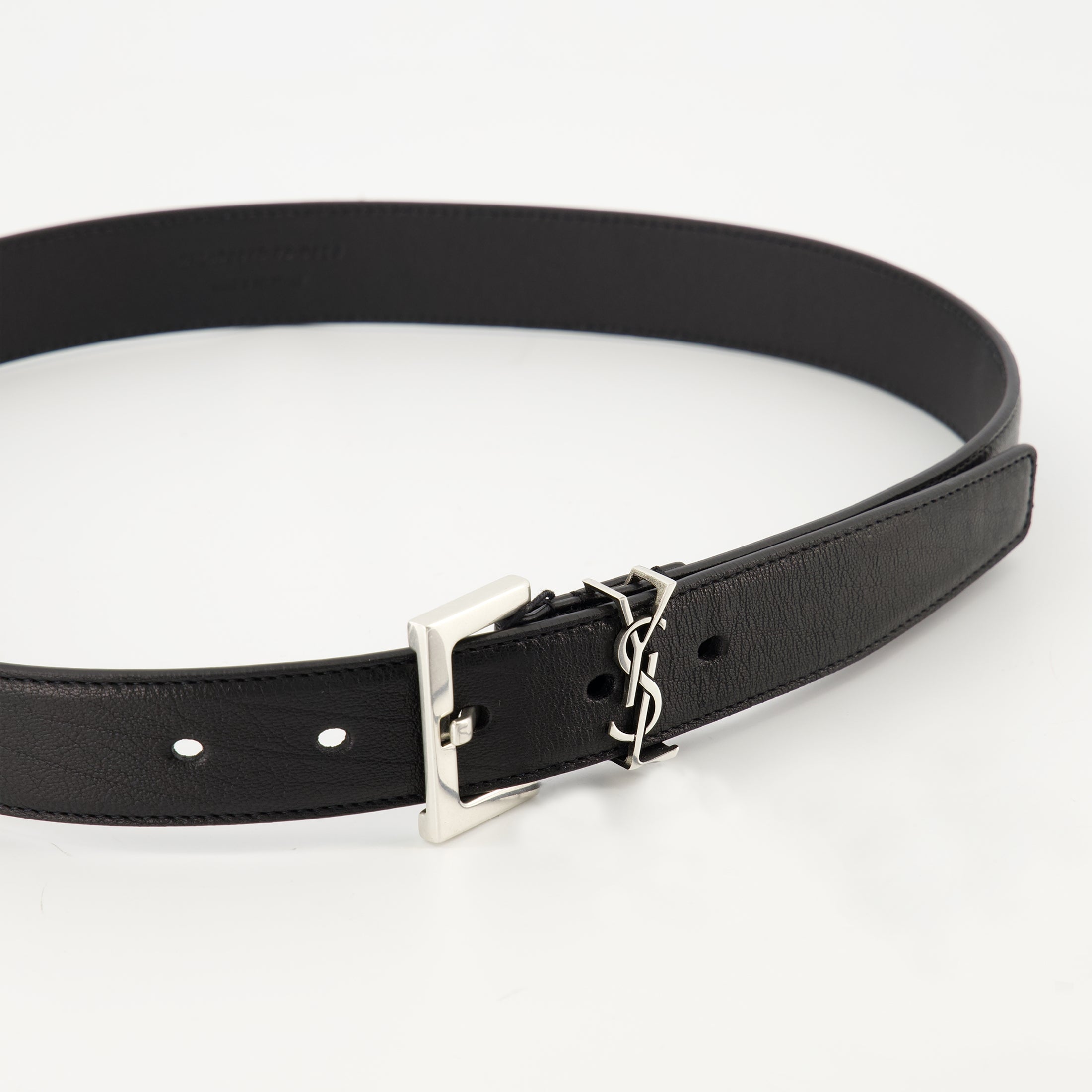 Saint Laurent belt, black leather belt, luxury accessories, metallic logo belt, adjustable waist belt