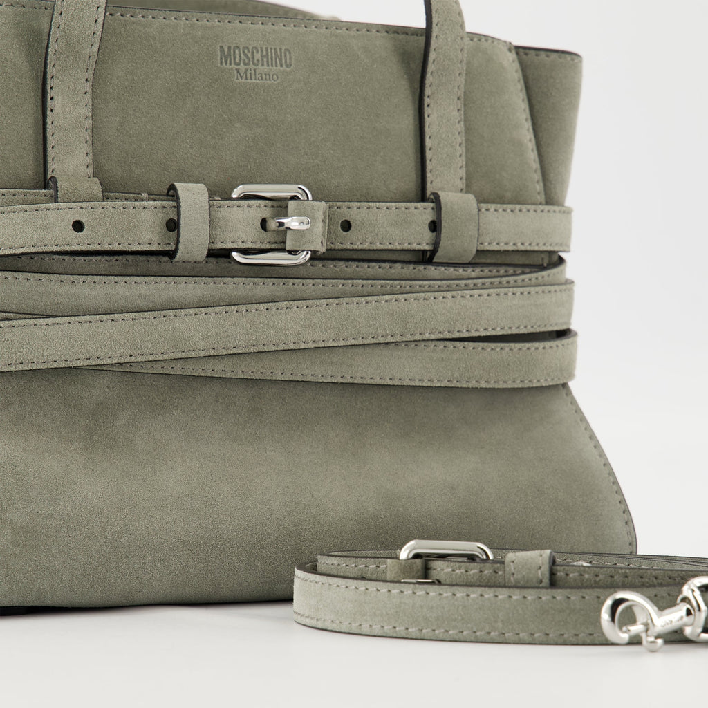 Moschino Tie Me Bag, suede handbag, grey bag, adjustable strap, designer accessories