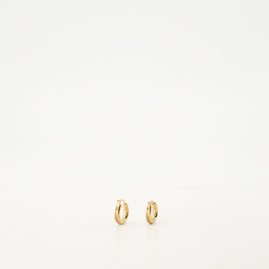 Greca earrings, gold hoop earrings, hypoallergenic jewelry, engraved logo earrings, classic clasp earrings