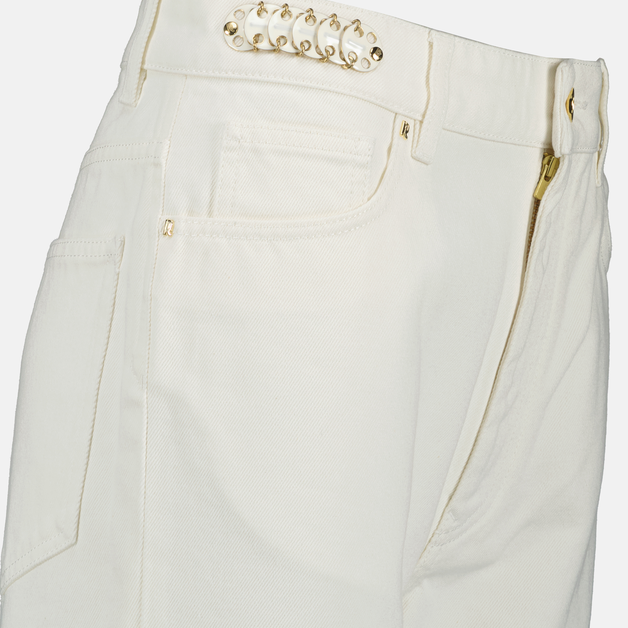 white jeans, straight cut jeans, Rabanne fashion, high-quality cotton denim, women's denim collection
