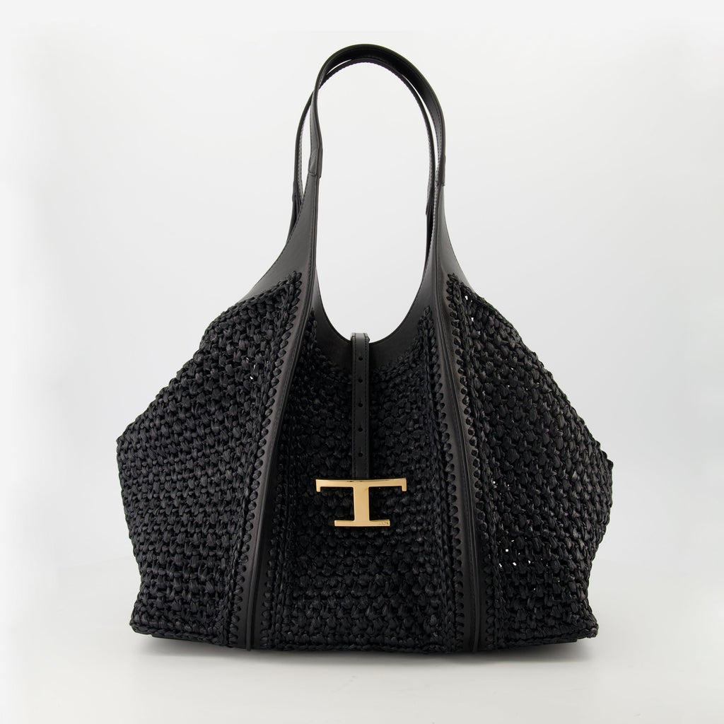 black raffia cabas, T Timeless bag, leather and raffia tote, Tod's accessories, stylish handbags
