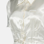 satin shirt, Prada, tailored fit, white shirt, classic collar