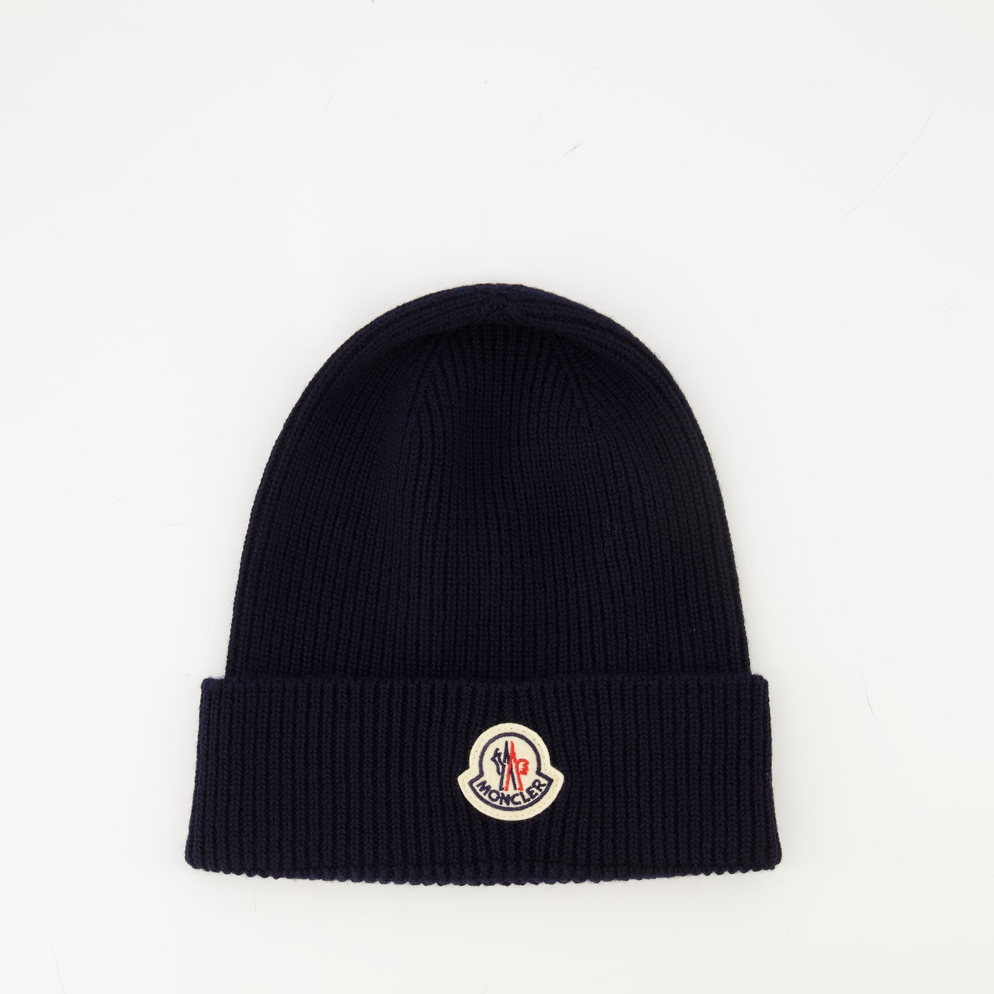 Moncler beanie, navy wool hat, pull-on beanie, winter accessories, felt logo beanie