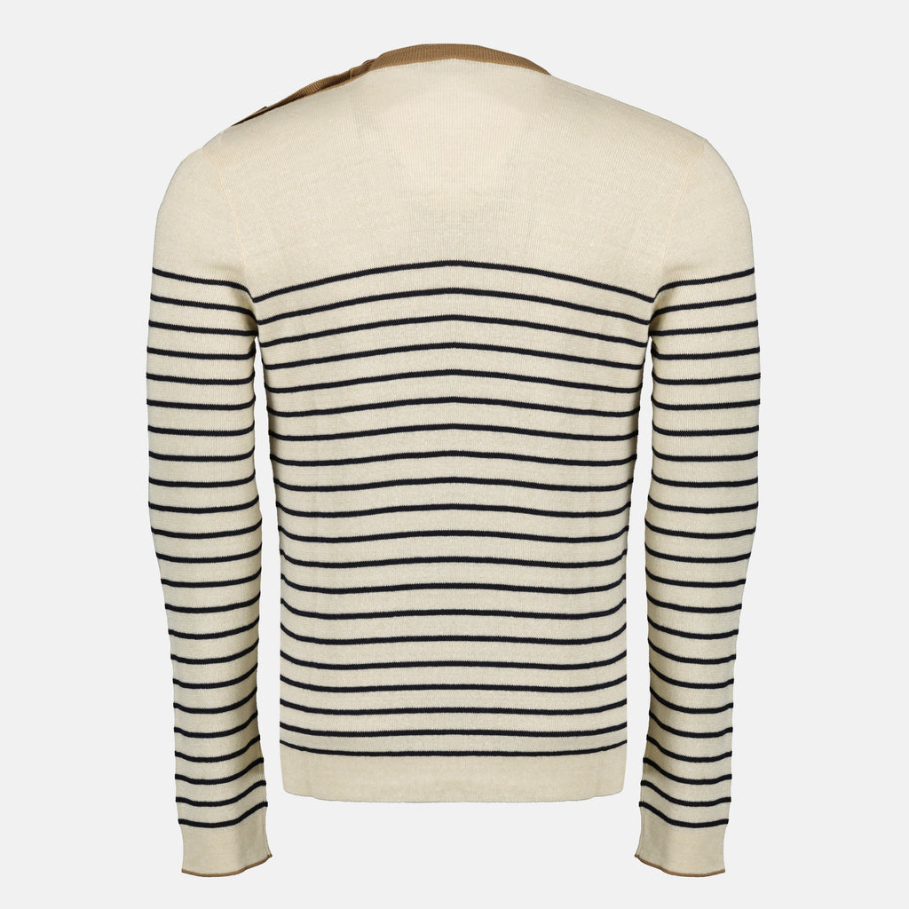 Bild eines beigen gestreiften Leinenpullovers von Prada für Männer - Saison Frühling-Sommer 2026 - Rückansicht