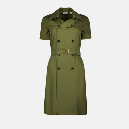 green trench dress, Burberry dress, mid-length dress, wool dress, adjustable waist dress