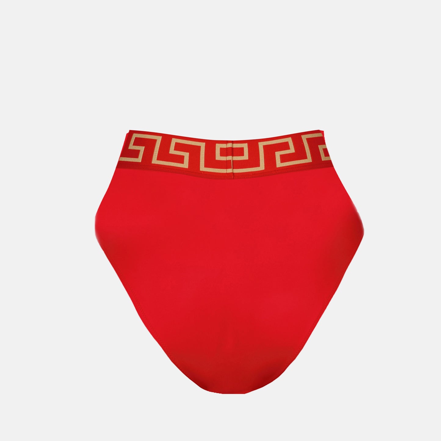 Medusa Greca bikini, high-waist swimwear, Versace bikini bottom, red bikini, designer swimwear