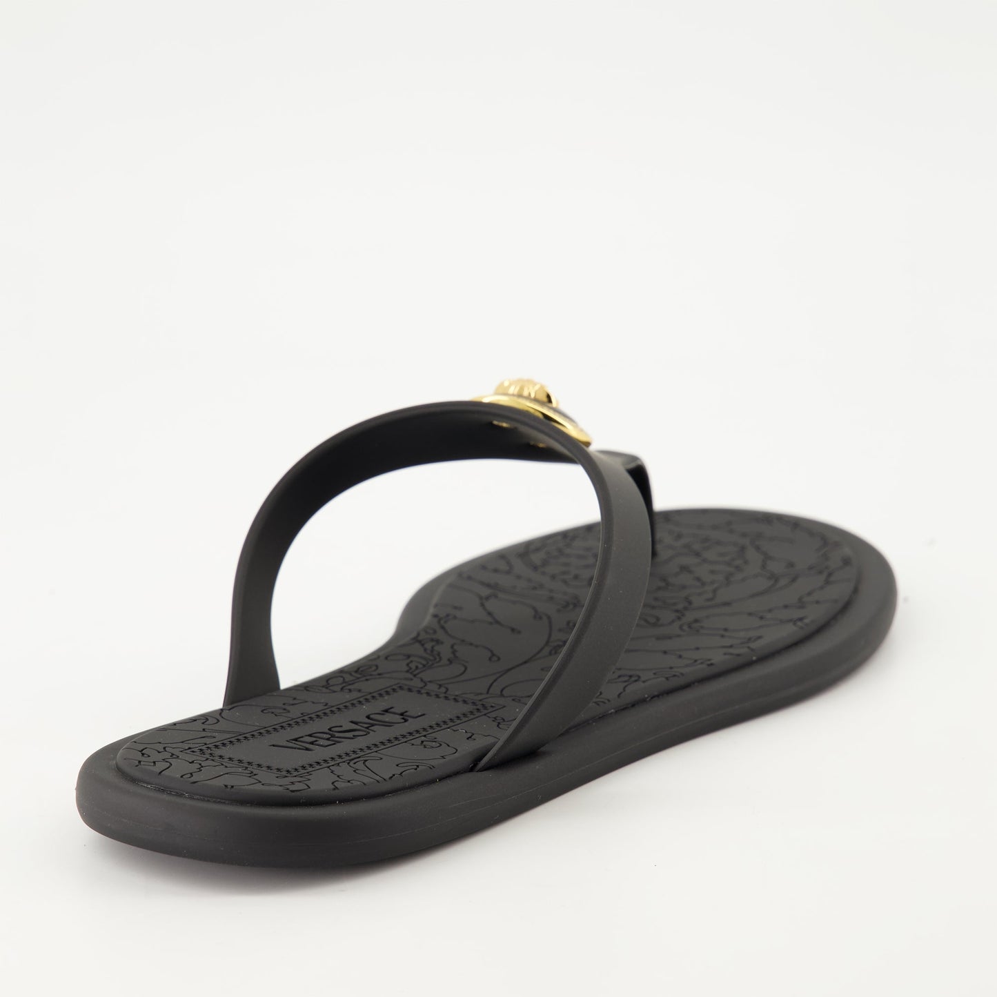 Alia slides, Versace slides, luxury black slides, rubber slides, designer footwear