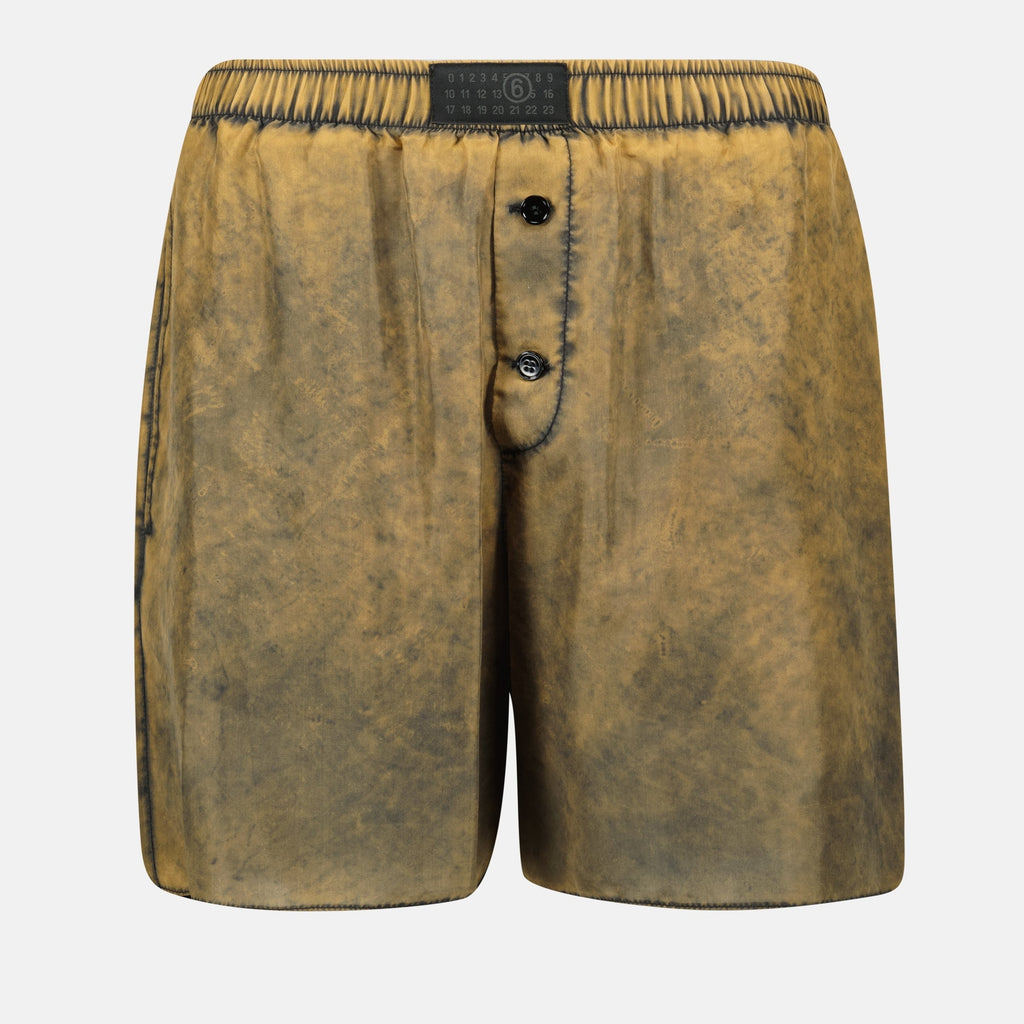 brown silk shorts, MM6 silk shorts, stylish shorts, summer shorts, casual shorts
