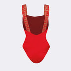Versace swimwear, red swimwear, Greca pattern, luxury swimwear, designer swimwear