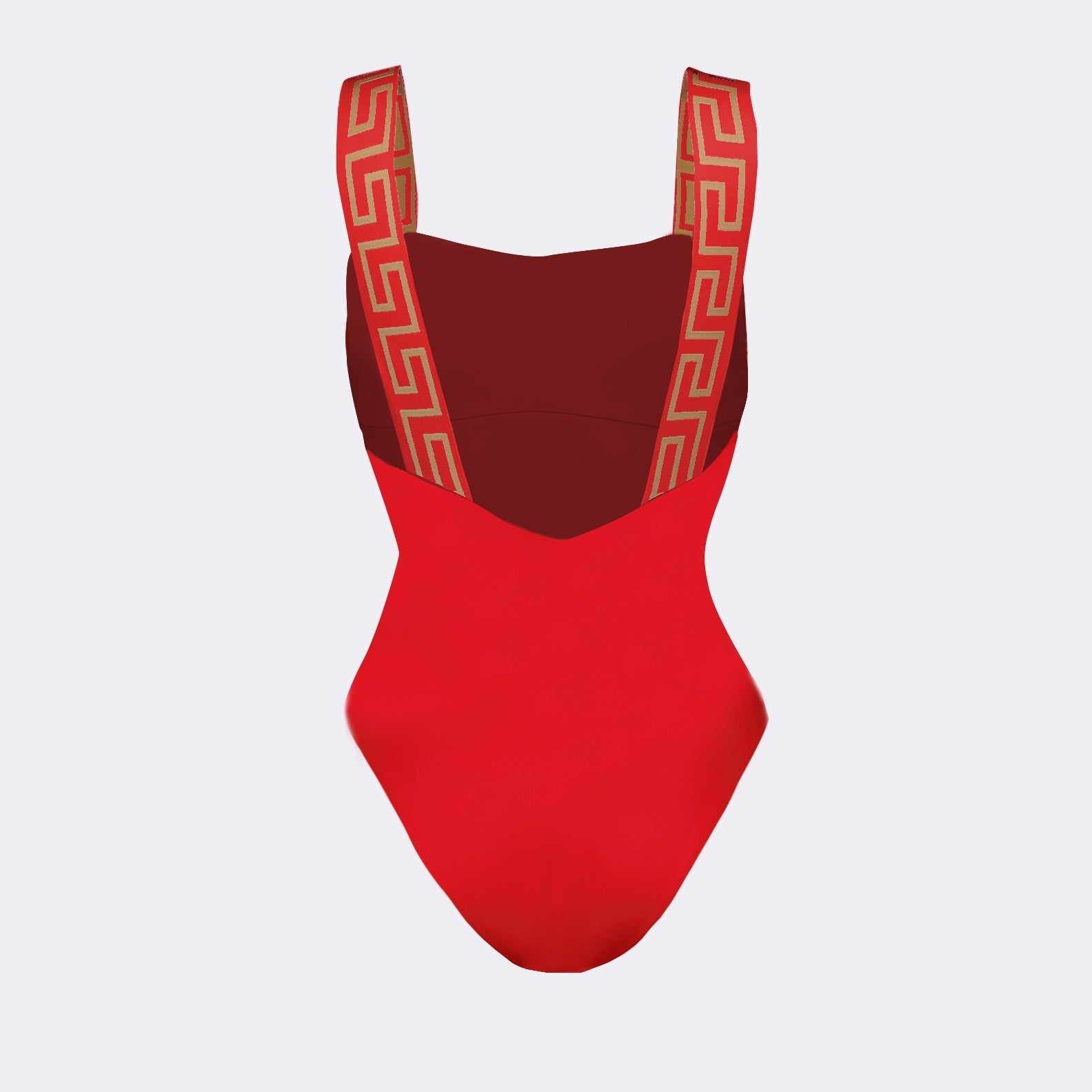 Versace swimwear, red swimwear, Greca pattern, luxury swimwear, designer swimwear