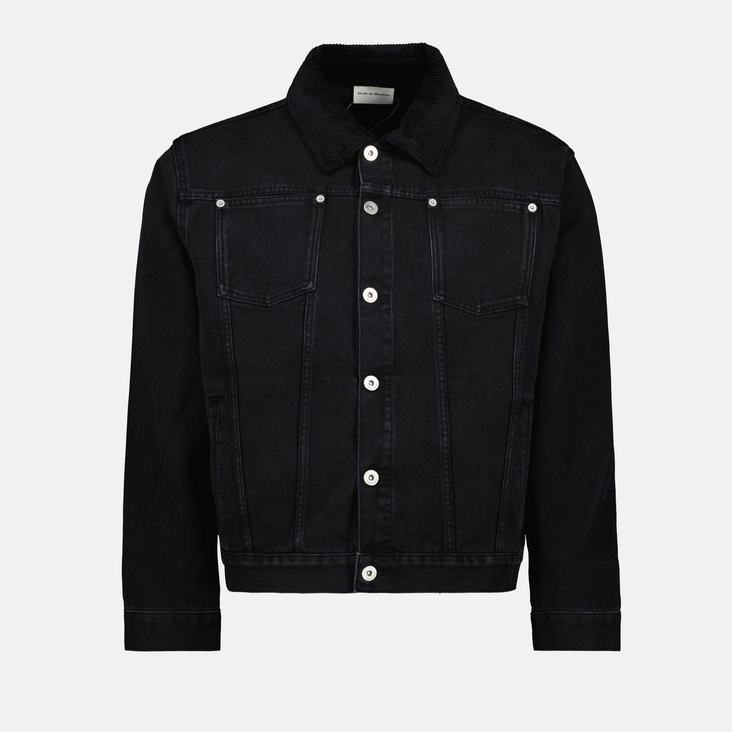 black denim jacket, slim fit jacket, Drole De Monsieur, corduroy collar, Spring-Summer 2025