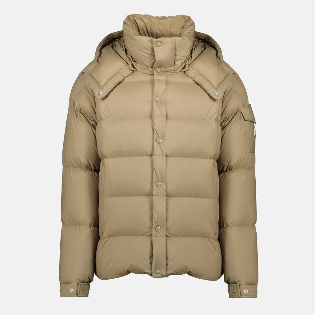 Moncler down jacket, beige outerwear, autumn winter collection, adjustable hood jacket, men's stylish jacket
