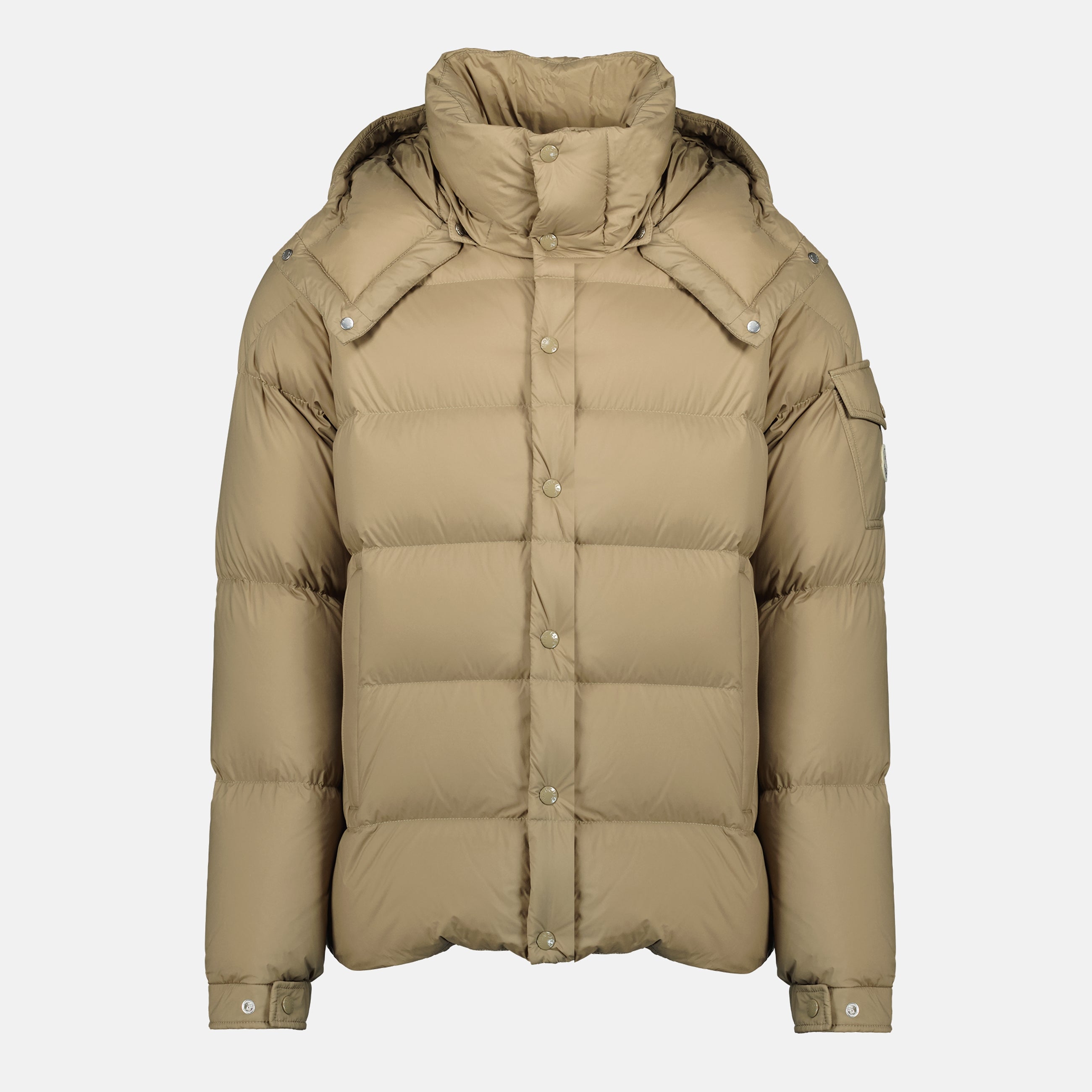 Moncler down jacket, beige outerwear, autumn winter collection, adjustable hood jacket, men's stylish jacket